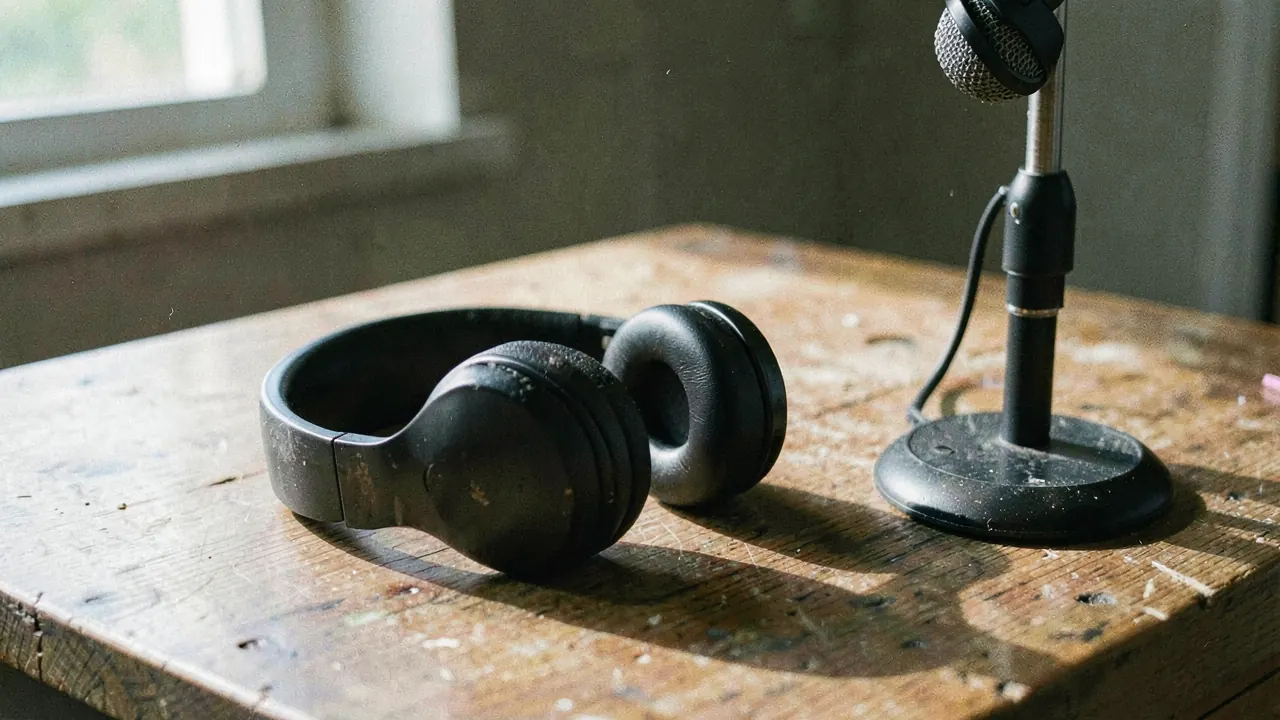 Headphones and a microphone on a stand on a wooden desk
